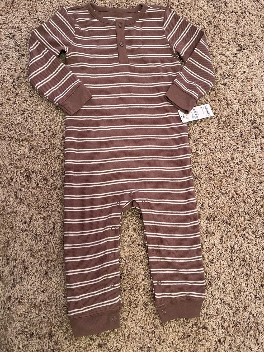 Carter’s Brown & White Striped Waffle Knit Henley Coverall One-Piece 18M